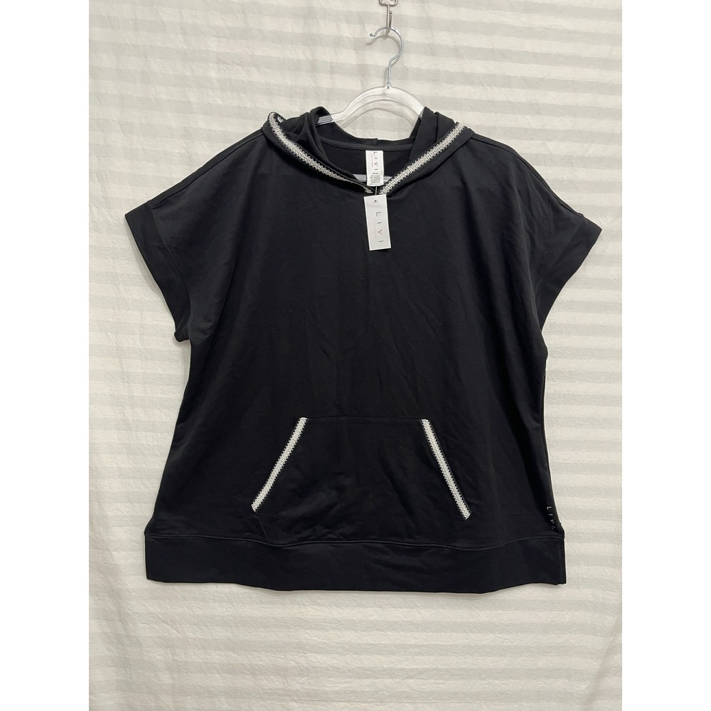 New Livi Short Sleeve Hoodie size 18/20 Black Activewear Pocket Stretch Knit